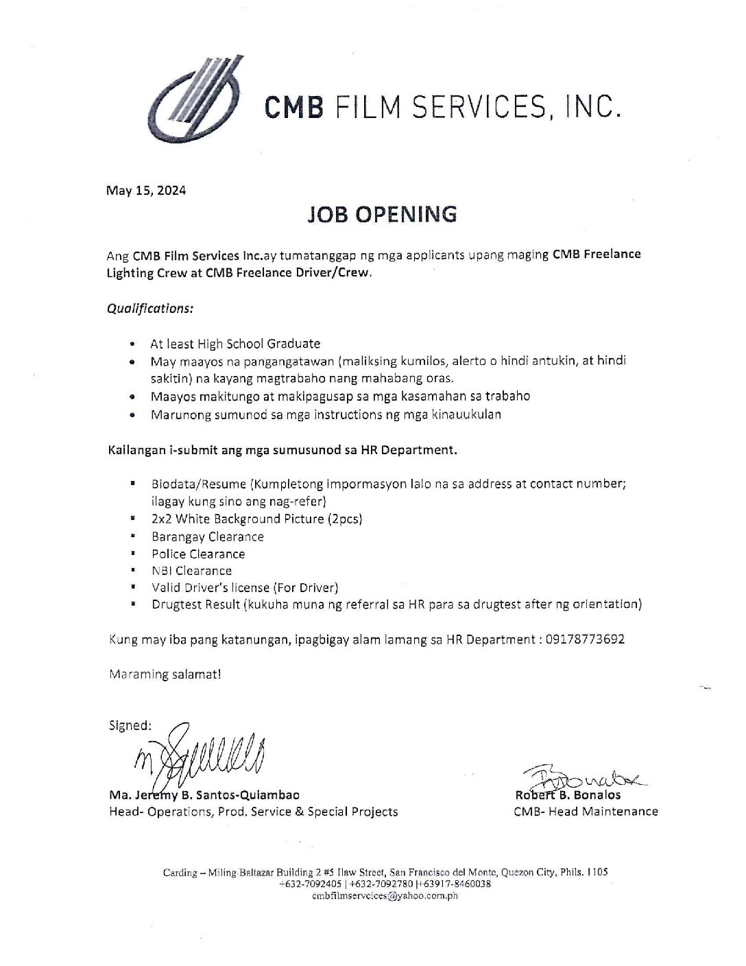 2024 CMB Film Services, Inc. - Job Opening for Lighting Crew & Truck Driver Crew - Tammy Jordan